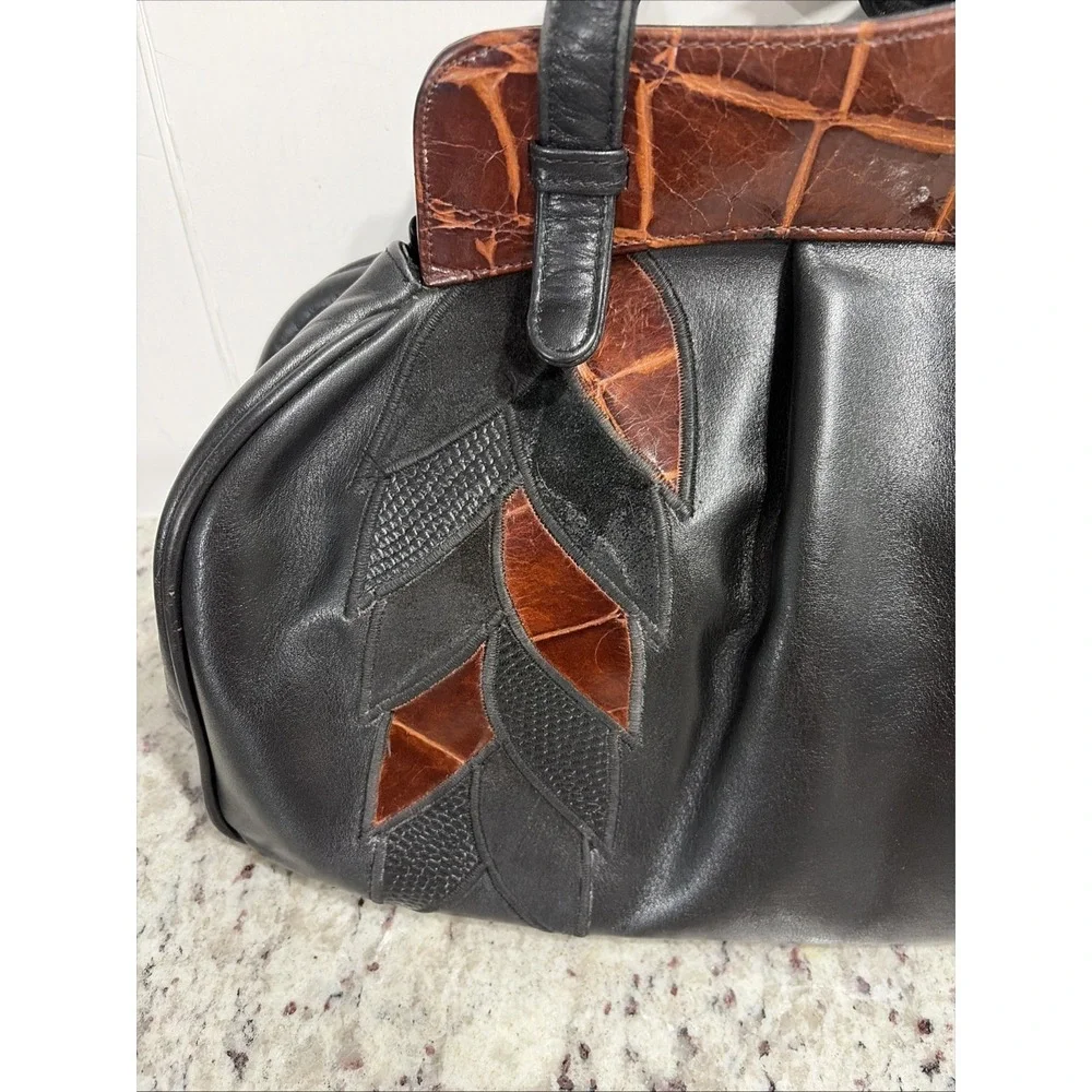 VTG Susan Gail Bellido Spain Black Leather Brown Croc Patchwork Leaf 1980s Bag